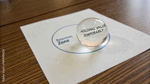 Glass Sphere Representing Temporary Value in Retention Zone Concept on a Wooden Table Surface with Paper Print