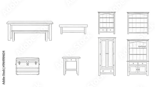 Collection of minimalist blueprint concepts for classic wooden furniture designs