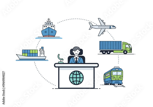Logistics and shipping services network connecting various transportation modes for global delivery