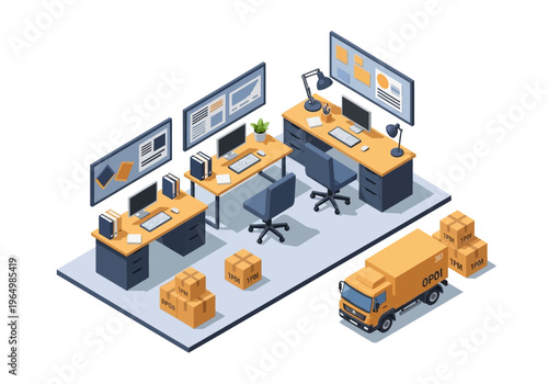 Modern office space with workstations, computers, and delivery truck