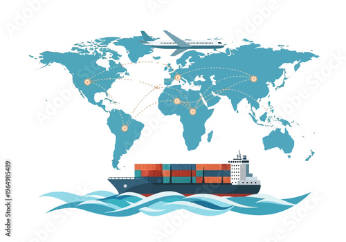 Global logistics and shipping network with cargo ship and airplane connecting continents