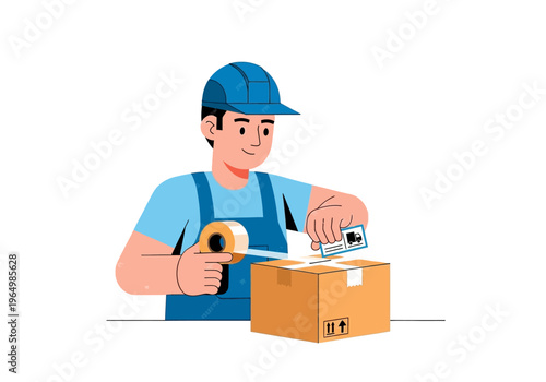 Delivery worker applying tape to seal a cardboard box, preparing it for shipping and logistics