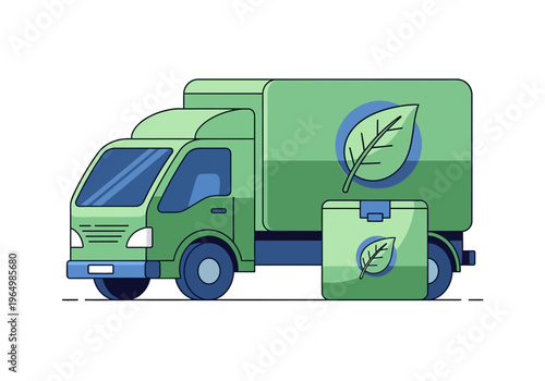 Green Eco-friendly Truck and Cargo Box with Leaf Symbol for Sustainable Logistics and Delivery Services