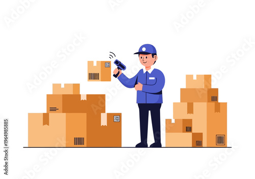 Delivery worker scanning package in a warehouse full of boxes, efficient logistics and shipping service