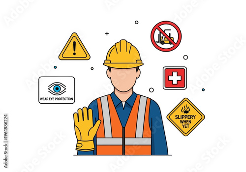 Construction worker in hard hat and safety vest with stop hand gesture surrounded by safety warning signs