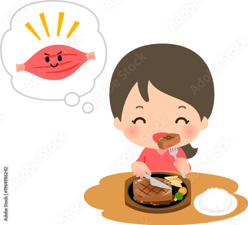 筋肉を付けようと思ってステーキを食べる若い女性