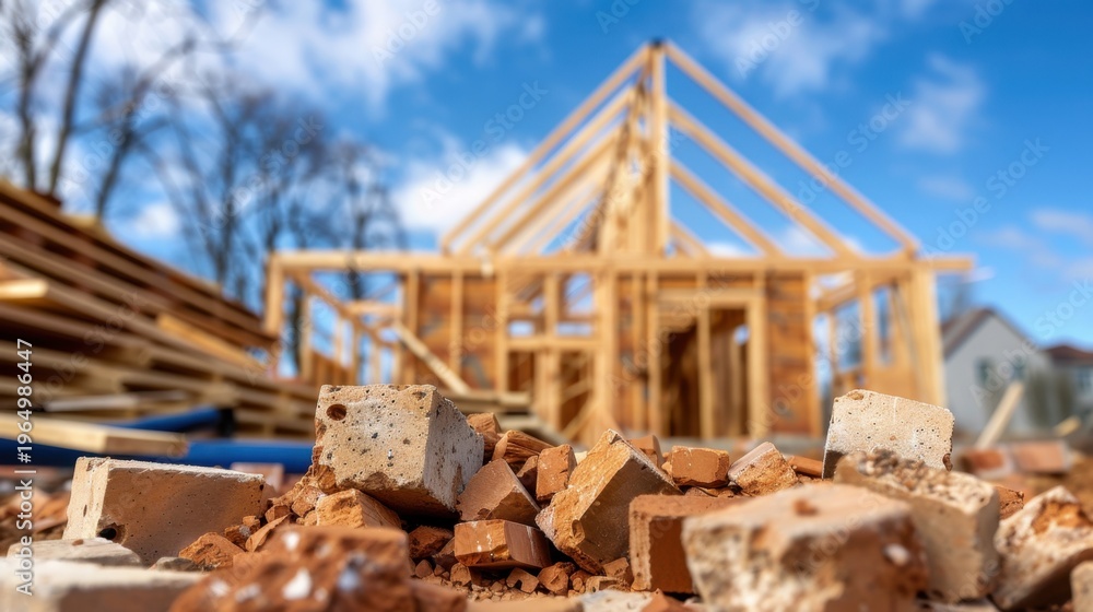 Fototapeta premium Construction Site with Piled Bricks and Wooden Frame Under a Blue Sky with Clouds in a Residential Area