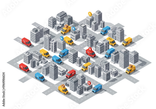 Isometric city with delivery trucks and buildings, urban logistics concept