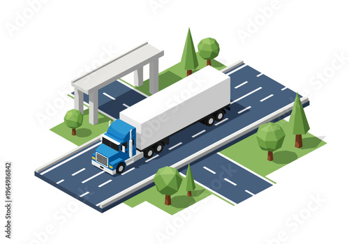 Isometric view of a large semi-truck on a highway overpass with trees and roads in a graphic illustration