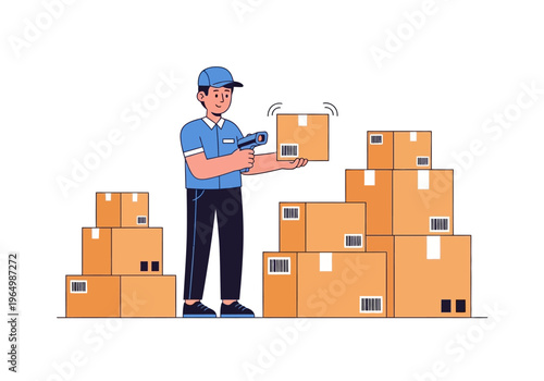 Delivery worker scanning package with barcode scanner amidst stack of cardboard boxes