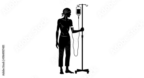 Woman Silhouette Standing with IV Drip Stand.