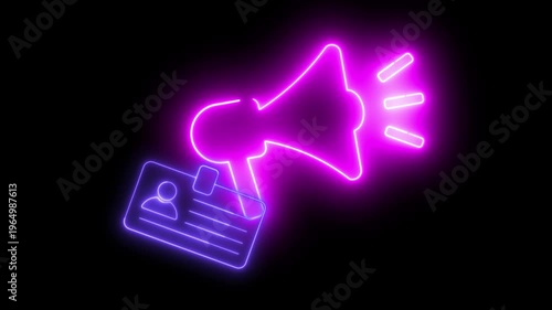 Neon light effect animation of a megaphone icon and a personal identification card