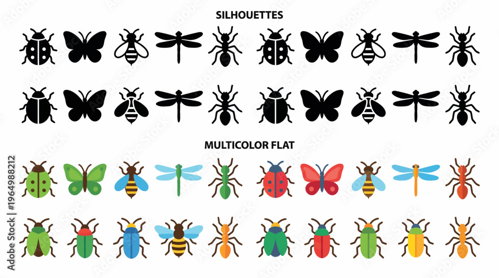 Obraz premium Collection of stylized insect silhouettes and colorful flat illustrations for design projects