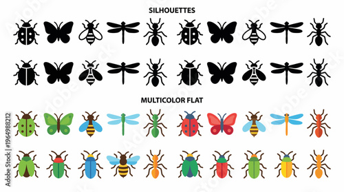 Collection of stylized insect silhouettes and colorful flat illustrations for design projects