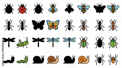 Collection of various insects and bugs, including ladybugs, bees, ants, butterflies, dragonflies, snails, and spiders, presented in a flat icon style