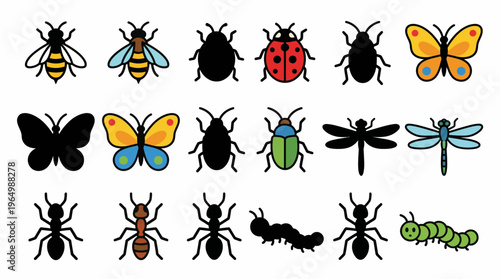 Collection of colorful and black and white insects including bees, ladybugs, butterflies, dragonflies, ants, and caterpillars