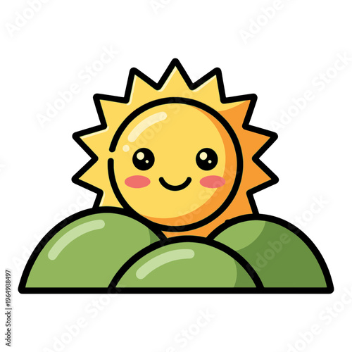Smiling Sun Rising Over Green Hills Vector Icon