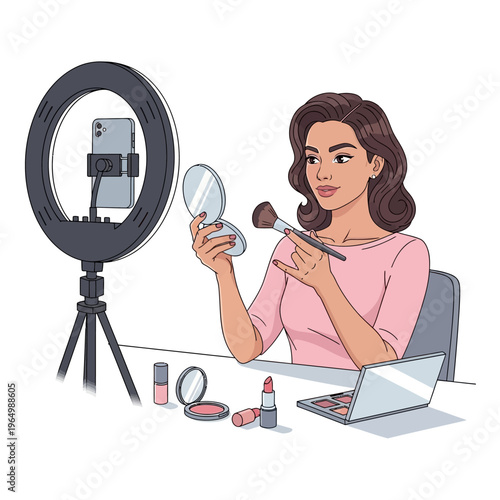 Beauty Vlogger Applying Makeup Using Ring Light and Smartphone for Online Tutorial