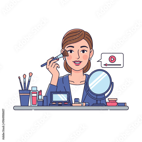 Beauty Vlogger Applying Makeup With Brush, Mirror, and Products - Illustration