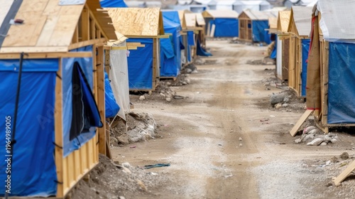Temporary shelters lined on a dusty pathway in a relief camp for displaced individuals, emphasizing resilience and community support