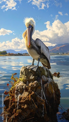 A large white bird perched on a rocky outcrop in water
