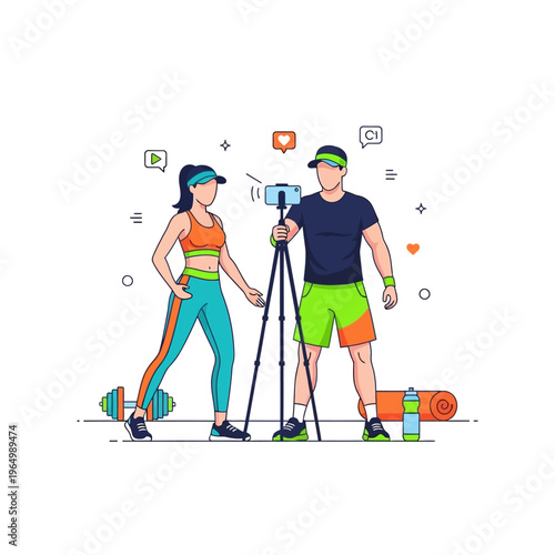 Fitness Couple Recording Workout Video Online, Health Coaching, Digital Fitness Content Creation