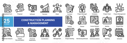 Construction Planning and Management icon set featuring project strategy,workflow,financial analysis,documentation,and team coordination.Ideal for business,management,and planning concepts.