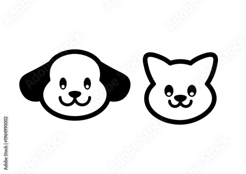 Cute dog and cat face icon set, simple flat pet head characters, kawaii animal illustration isolated