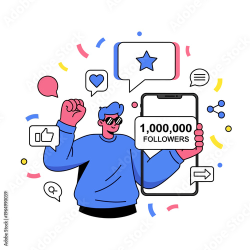 Man celebrating 1 Million Followers on Social Media with a Smartphone