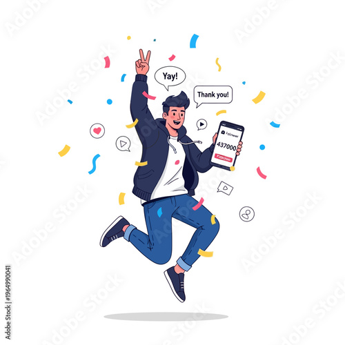Man celebrating follower milestone with confetti and phone showing count