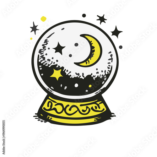 Mystical crystal ball with moon and stars inside, illustrated in detailed doodle style.
