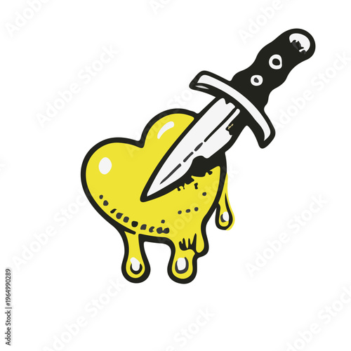 Edgy doodle illustration of a heart pierced by a knife with dripping effect.
