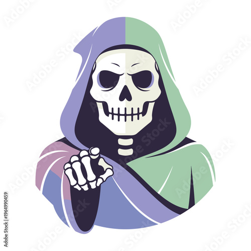 Grim Reaper Pointing Finger, Cartoon Skeleton Death Character, Halloween Icon