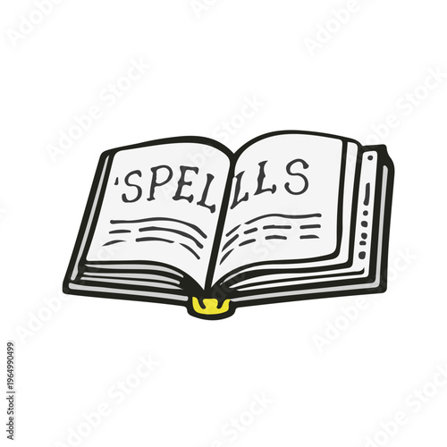 Open magic spell book doodle with decorative text and mystical style.
