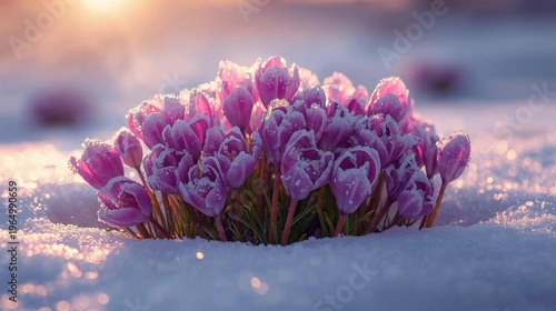 A cluster of vibrant purple flowers blooming through snow, close-up view, flowers filling the frame, covered with tiny ice crystals, soft golden sunlight