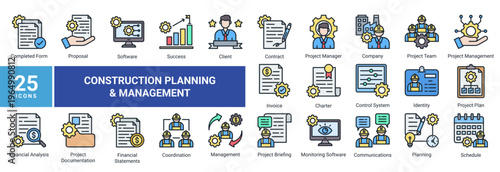 Construction Planning and Management icon set featuring project strategy,workflow,financial analysis,documentation,and team coordination.Ideal for business,management,and planning concepts.