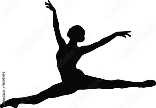 Black Silhouette of Professional Ballerina Performing Graceful Split Leap Isolated on White Background Vector Illustration