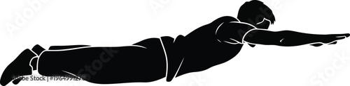Black silhouette of a man flying or swimming in a horizontal pose isolated on white
