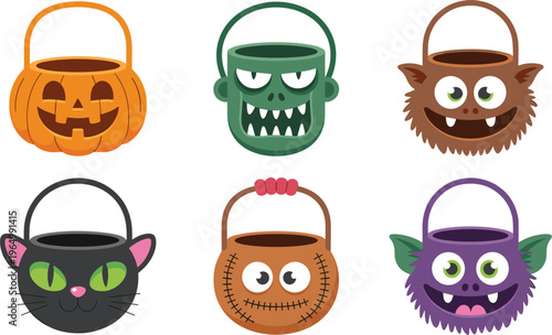 Collection of Halloween trick or treat containers with funny faces and monster designs in playful flat vector illustration