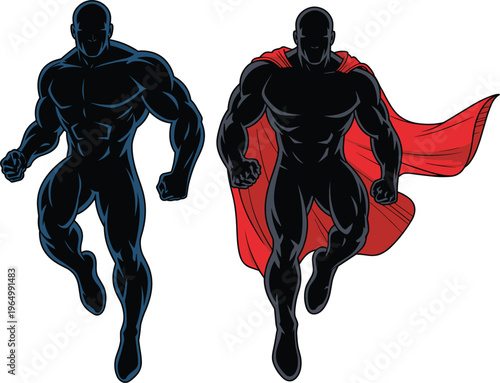 Powerful superhero silhouettes running forward with muscular bodies and flowing cape in dynamic comic style illustration design
