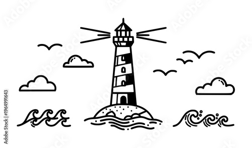 Lighthouse island element set black white vector icons with sea waves clouds and coastal symbols