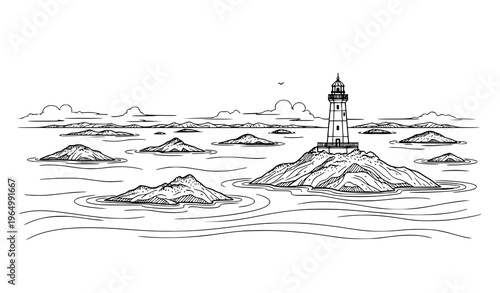 Panoramic lighthouse island sea landscape line art vector minimalist coastal scene illustration