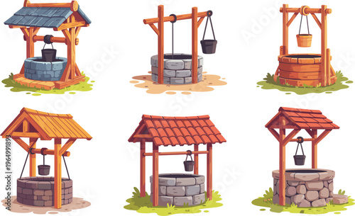 Cartoon stone water wells set with wooden roofs and buckets in rustic village style colorful vector illustration collection