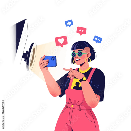 Young influencer filming herself with smartphone and ring light, social media icons