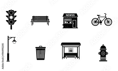 Set of Black Vector Icons for City and Urban Street Elements