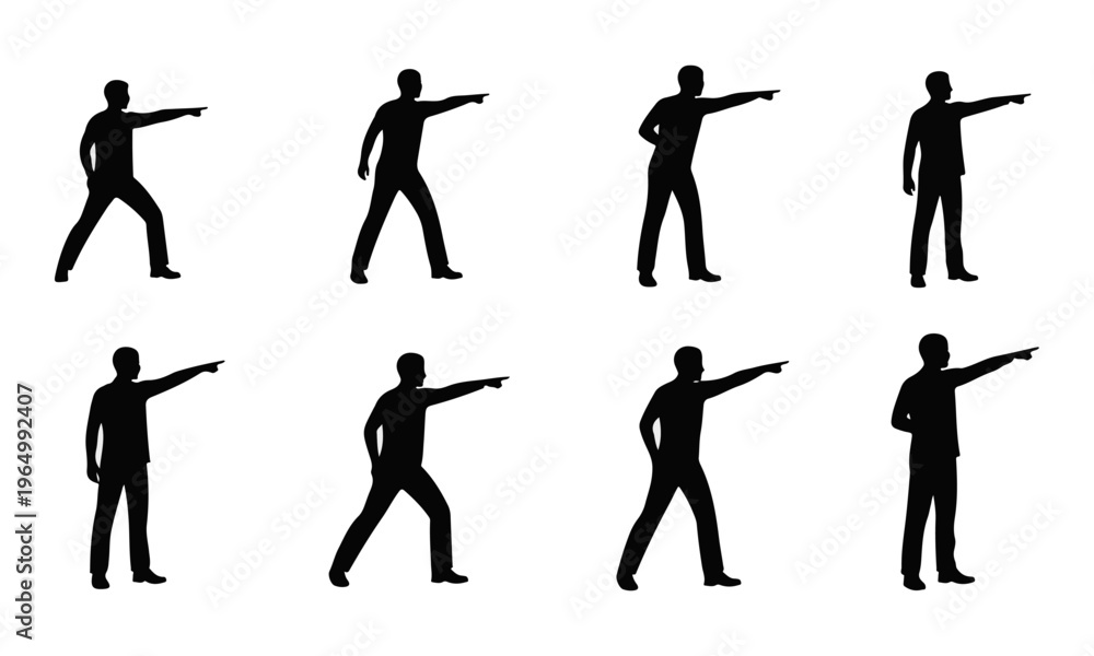 Fototapeta premium Collection of Black Vector Silhouettes of People Pointing with Index Finger Isolated