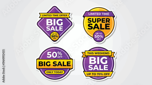 Collection of colorful promotional sale stickers and retail discount badges for marketing campaigns and ecommerce shopping advertisements