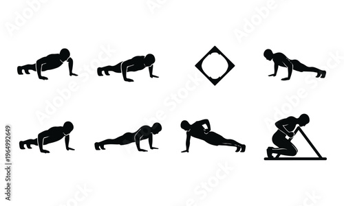Vector icons set showing push-up exercise progression and a diamond symbol, isolated