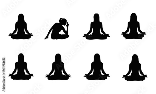 Vector illustration of female yoga meditation silhouettes contrasted with one stressed woman