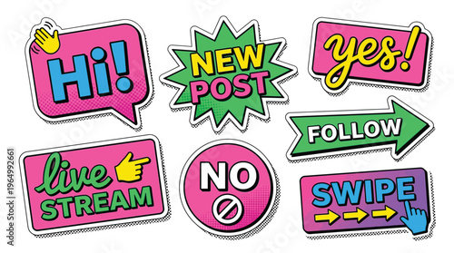 Colorful Pop Art Social Media Stickers and Call to Action Icons for Digital Marketing and Content Creators on White Background